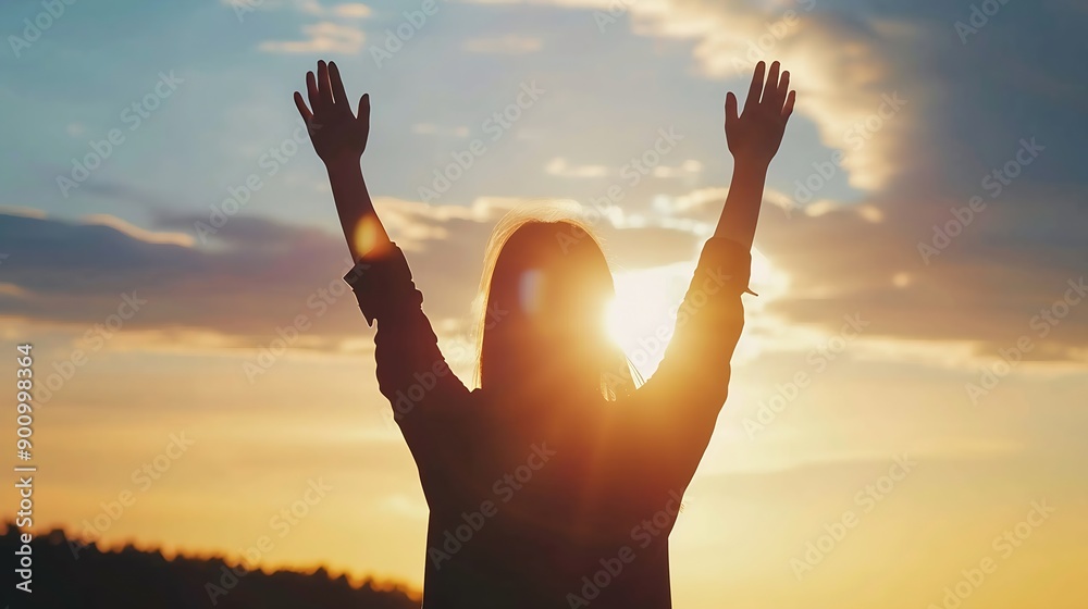 Woman raising his hands in worship Christian Religion concept Silhouette woman on sunrise background Christian female prayers to God in faith Women raise hands in praise with faith and : Generative AI