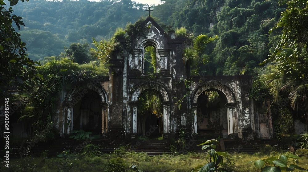 Costa Rica Valle de Orosi Ujarras Church Facade Ruins being overgrown by jungle forest : Generative AI
