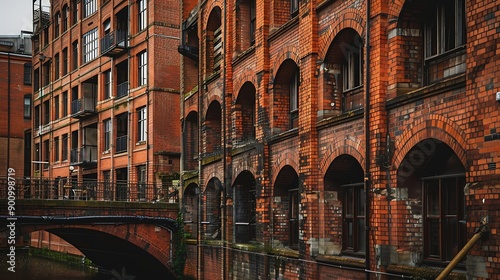 Arcaded upper storey of Victorian brick building in central Manchester near Rochdale Canal with bridge in foreground : Generative AI photo