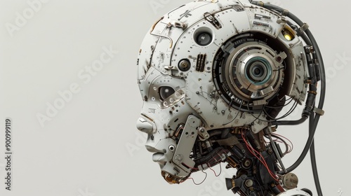 Detailed and Sophisticated Humanoid Robot with Intricate Metallic Parts, Visible Wiring, and Advanced Sensors, Against a Plain Light Background Emphasizing Its Futuristic Design © nicole