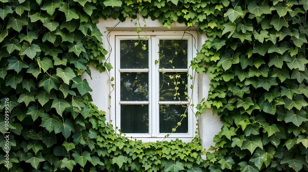 White window covered with green ivy Concepts of conservation and adaptation to coexist with nature : Generative AI White window covered with green ivy Concepts of conservation and adaptation to coexist with nature : Generative AI