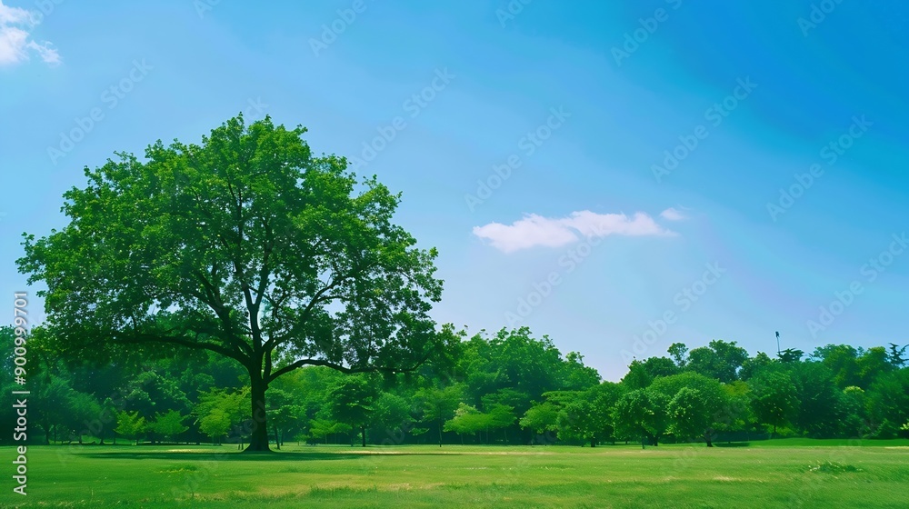 Green tree forest meadow field in city park blue sky Nature green scene background : Generative AI Green tree forest meadow field in city park blue sky Nature green scene background : Generative AI