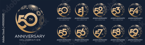 set of 50 to 59th anniversary logotype design, with golden fireworks for celebration event, wedding, and birthday, vector illustration