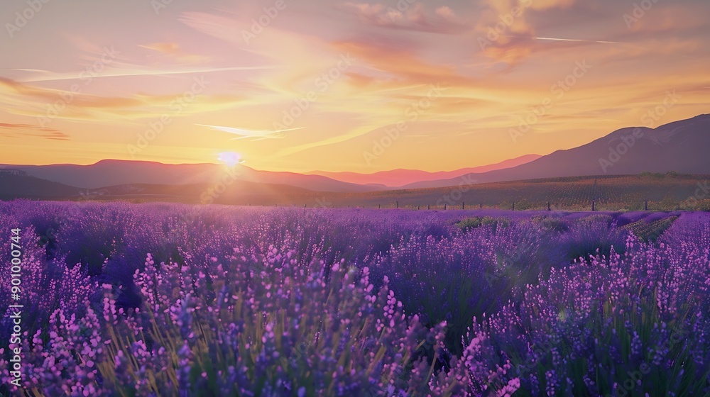Obraz premium Picturesque colorful floral atmosphere Beautiful panoramic view French blooming scenic at sunset Sunset violet lavender flower field in Provence France Valensole Summer nature amazing : Generative AI