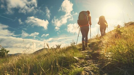 People hiking outdoors on a sunny summer day : Generative AI