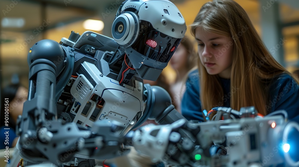 Fototapeta premium Hands on STEM Learning Students Collaborating on Building a Robotic Prototype in a Modern Workshop