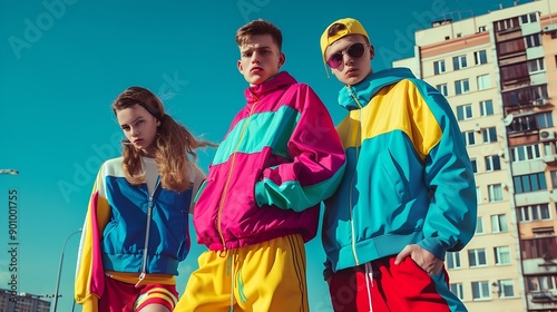 Throwback fashion Stylish boys and girl wearing typical 90s outfits tracksuits and accessories posing outdoors Vintage athletic wear Concept of 90s fashion youth culture oldstyle trend : Generative AI photo