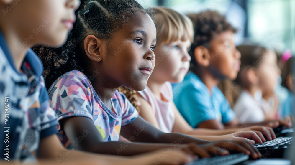 Diverse group of children learning computer together in classroom setting Diverse group of children learning computer together in classroom setting