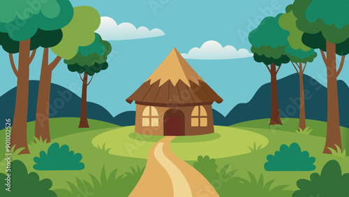 Vector illustration of a house with a thatched roof and a pathway in the middle of a forest