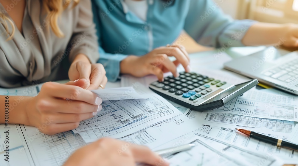 Calculator financial documents or happy couple with budget paperwork notes or planning savings Writing smile or people organizing bills checklist for paying debt finance or household e : Generative AI Calculator financial documents or happy couple with budget paperwork notes or planning savings Writing smile or people organizing bills checklist for paying debt finance or household e : Generative AI