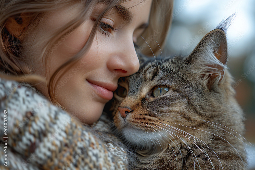 Portrait of a young woman holding a cute cat. Woman holding her cute long haired kitten. Concept of an adorable domestic animal. Portrait of a young woman holding a cute cat. Woman holding her cute long haired kitten. Concept of an adorable domestic animal.