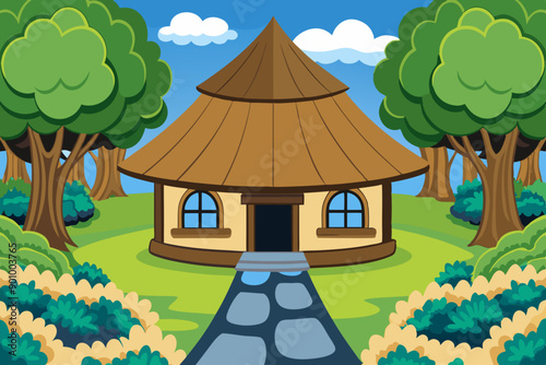 Vector illustration of a house with a thatched roof and a pathway in the middle of a forest
