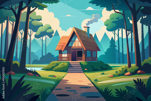 Vector illustration of a house with a thatched roof and a pathway in the middle of a forest