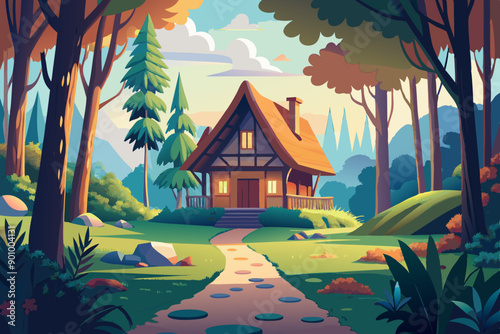 Vector illustration of a house with a thatched roof and a pathway in the middle of a forest