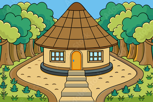 Vector illustration of a house with a thatched roof and a pathway in the middle of a forest