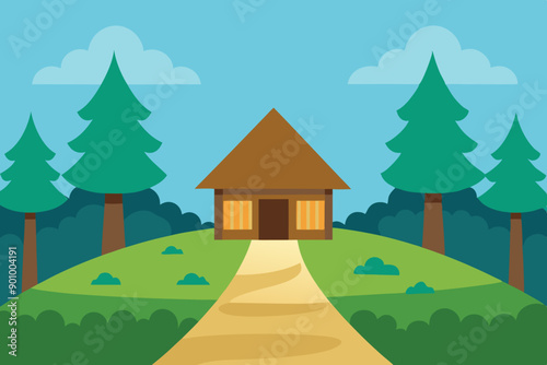 Vector illustration of a house with a thatched roof and a pathway in the middle of a forest