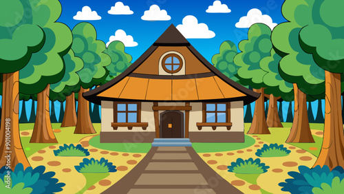 Vector illustration of a house with a thatched roof and a pathway in the middle of a forest