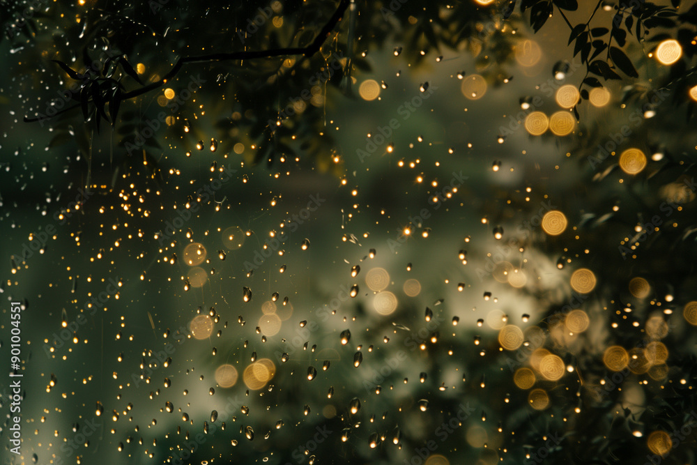 A Peaceful Scene Viewed Through a Window, Dotted with Raindrops and Illuminated by Soft, Golden Light on a Mysterious, Rainy Evening A Peaceful Scene Viewed Through a Window, Dotted with Raindrops and Illuminated by Soft, Golden Light on a Mysterious, Rainy Evening