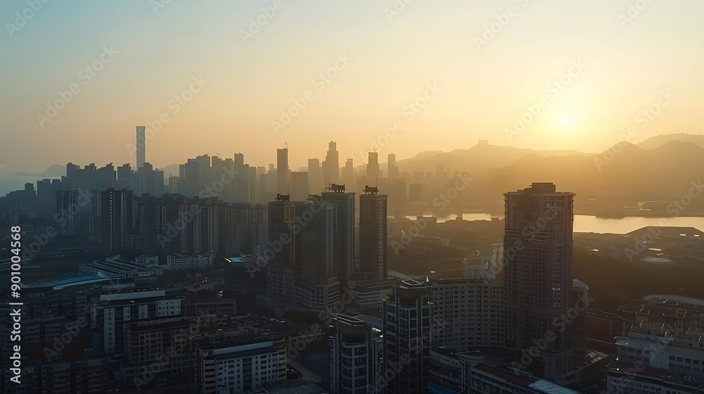 Fototapeta premium Aerial view of city skyline and modern buildings at sunrise in Ningbo Zhejiang Province China East new town of Ningbo It is the economic cultural and commercial center of Ningbo City : Generative AI