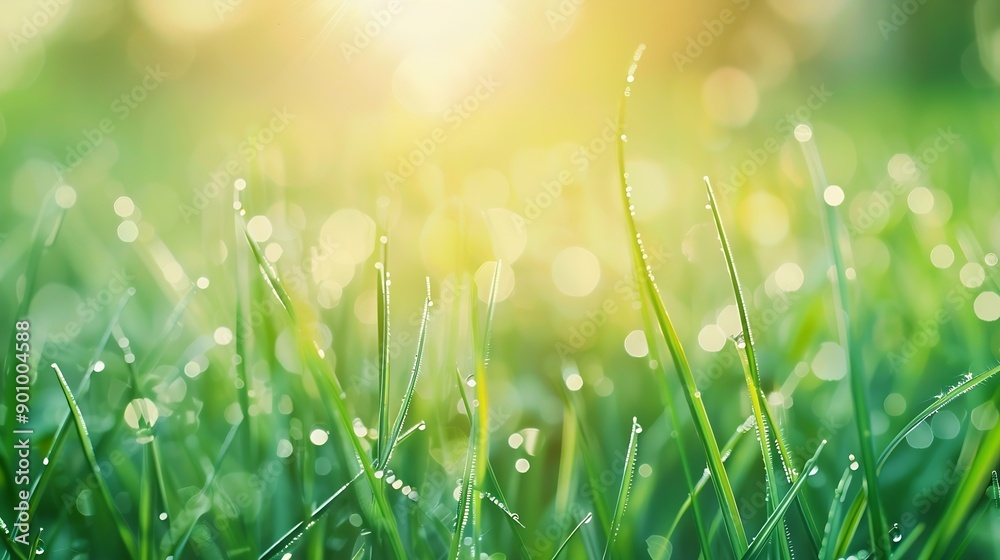 Fototapeta premium Fresh spring grass covered with morning dew drops Vibrant colors with shallow dof and shiny water droplets Showing tranquility of spring environmentally conscious or Earth day nature b : Generative AI