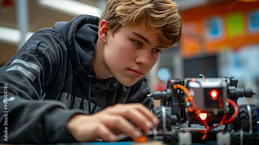 Top View of Professional Student Engaged in Hands On STEM Activity Building Robot Top View of Professional Student Engaged in Hands On STEM Activity Building Robot