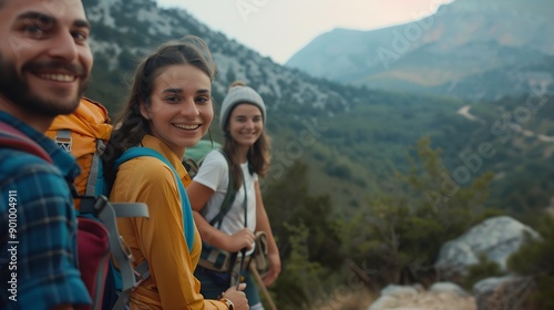 Portrait of a happy young smiling joyful friends tourists looking cheerful at camera standing outdoor and having walking tour of the mountains Hiking adventure and people travel concep : Generative AI