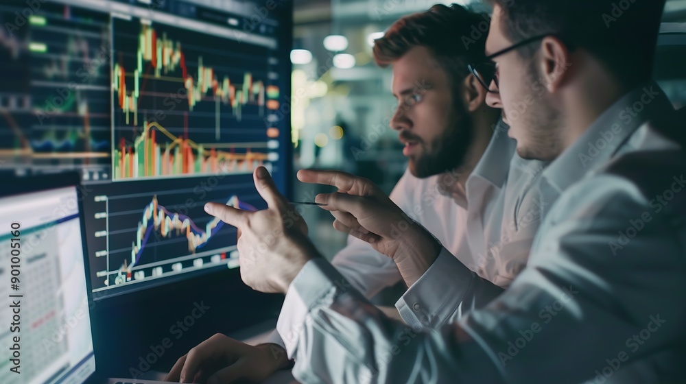 Financial advisor explaining invest stock market data consulting investor Two busy business men analysts doing finance trading analysis pointing at exchange chart on laptop screen work : Generative AI Financial advisor explaining invest stock market data consulting investor Two busy business men analysts doing finance trading analysis pointing at exchange chart on laptop screen work : Generative AI