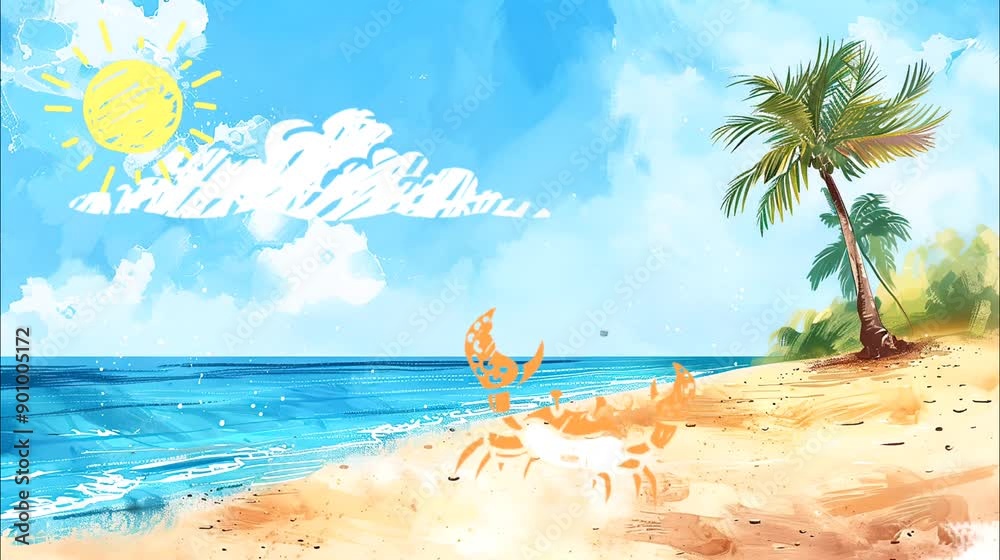 A cheerful cartoon beach scene with a palm tree, crab, and a 