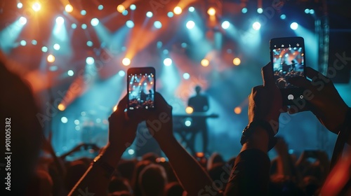 Backlit stage with vibrant lights at outdoor music festival Fans record live performance on smartphones Excitement in air band plays hit songs Summer night event audience enjoys concer : Generative AI photo