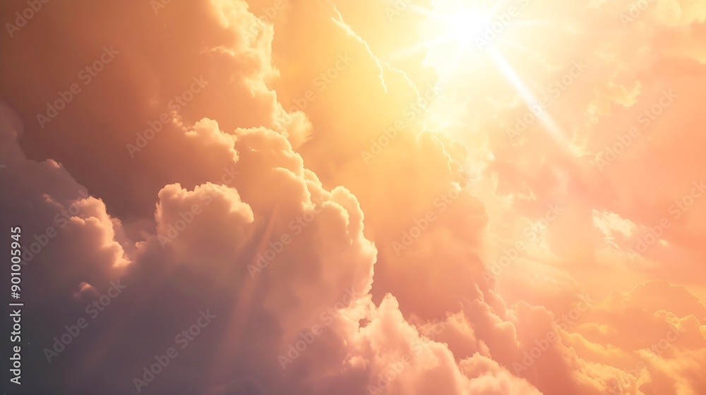 Obraz premium View of the clouds through which the rays of sunset light from the sun break through Divine Light Background image Religion and selfknowledge : Generative AI