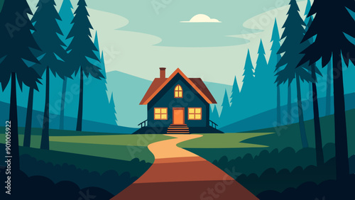 Vector illustration of a house with a thatched roof and a pathway in the middle of a forest