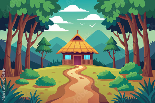 Vector illustration of a house with a thatched roof and a pathway in the middle of a forest
