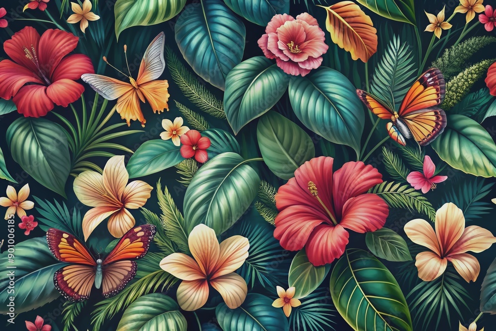 custom made wallpaper toronto digitalExotic seamless tropical wallpaper featuring vibrant flowers, lush leaves, and delicate butterflies on a rich, dark vintage botanical background with stunning 3d hibiscus illustrations.