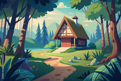 Vector illustration of a house with a thatched roof and a pathway in the middle of a forest