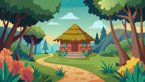 Vector illustration of a house with a thatched roof and a pathway in the middle of a forest