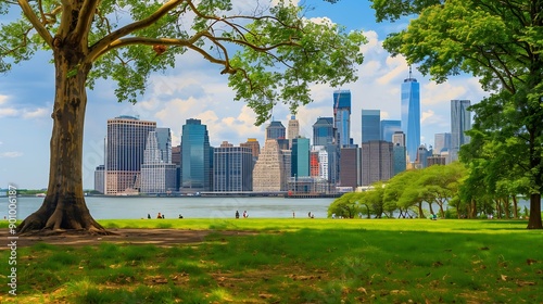 Lower Manhattan Skyline view from Outlook Hill on Governors Island New York City : Generative AI