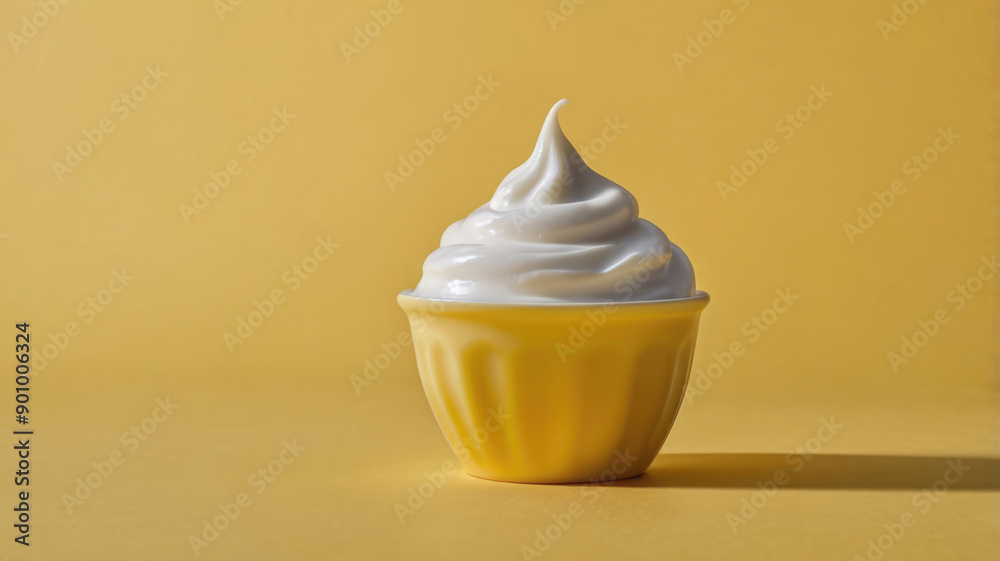 Creamy vanilla ice cream in yellow cup on yellow background. Creamy vanilla ice cream in yellow cup on yellow background.