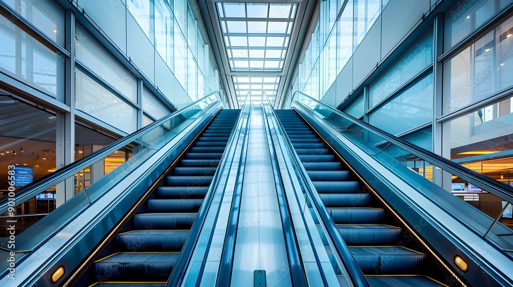 Sleek Escalator in Spacious Glass Enclosed Corridor of Modern Commercial Building Sleek Escalator in Spacious Glass Enclosed Corridor of Modern Commercial Building