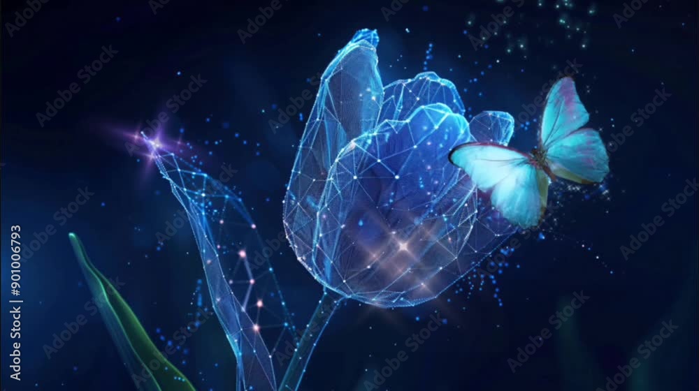 A digital butterflies and flower glowing with blue and pink lights in a dark background. Seamless looping time lapse 4k video animation background