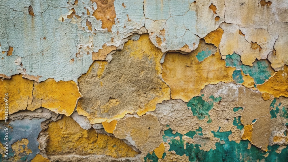 Obraz premium Weathered concrete wall with cracked and peeling paint, revealing underlying texture, offering ample copy space for design and commercial use applications.