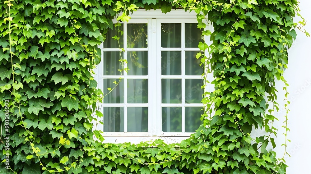 White window covered with green ivy Concepts of conservation and adaptation to coexist with nature : Generative AI White window covered with green ivy Concepts of conservation and adaptation to coexist with nature : Generative AI