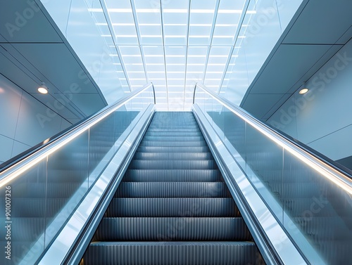 Futuristic escalator in a modern commercial building interior with a sleek minimalist design