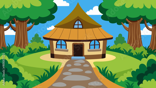 Vector illustration of a house with a thatched roof and a pathway in the middle of a forest