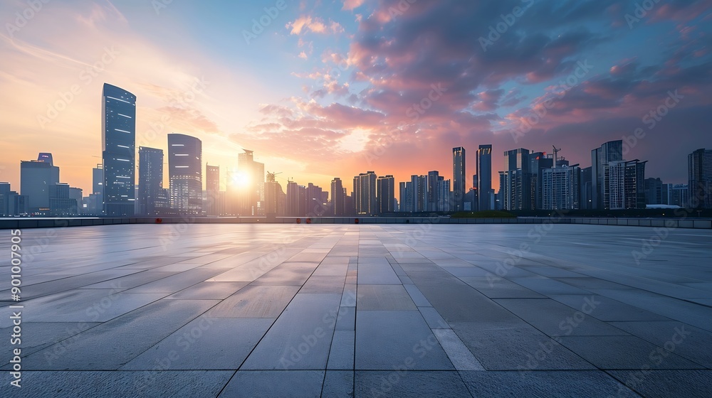 Empty square floors and city skyline with modern buildings at sunset in Suzhou Jiangsu Province China high angle view : Generative AI Empty square floors and city skyline with modern buildings at sunset in Suzhou Jiangsu Province China high angle view : Generative AI
