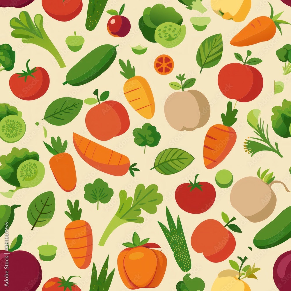 Seamless pattern of garden vegetables like tomatoes, carrots, and peas, Generative AI Seamless pattern of garden vegetables like tomatoes, carrots, and peas, Generative AI