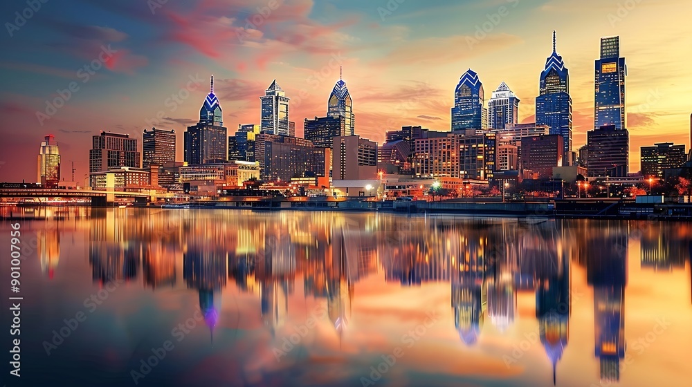 Obraz premium Philadelphia Pennsylvania USA downtown city skyline at dusk : Generative AI