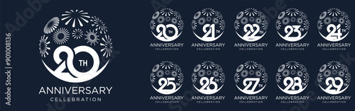 set of 20 to 29th anniversary logotype design, with white color fireworks for celebration event, wedding, and birthday, vector illustration