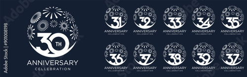 set of 30 to 39th anniversary logotype design, with white color fireworks for celebration event, wedding, and birthday, vector illustration
