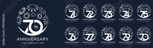 set of 70 to 79th anniversary logotype design, with white color fireworks for celebration event, wedding, and birthday, vector illustration