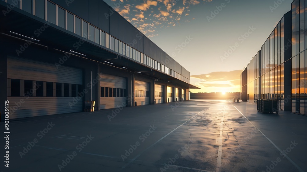 Modern Industrial Warehouse at Sunset with Clear Sky : Generative AI Modern Industrial Warehouse at Sunset with Clear Sky : Generative AI